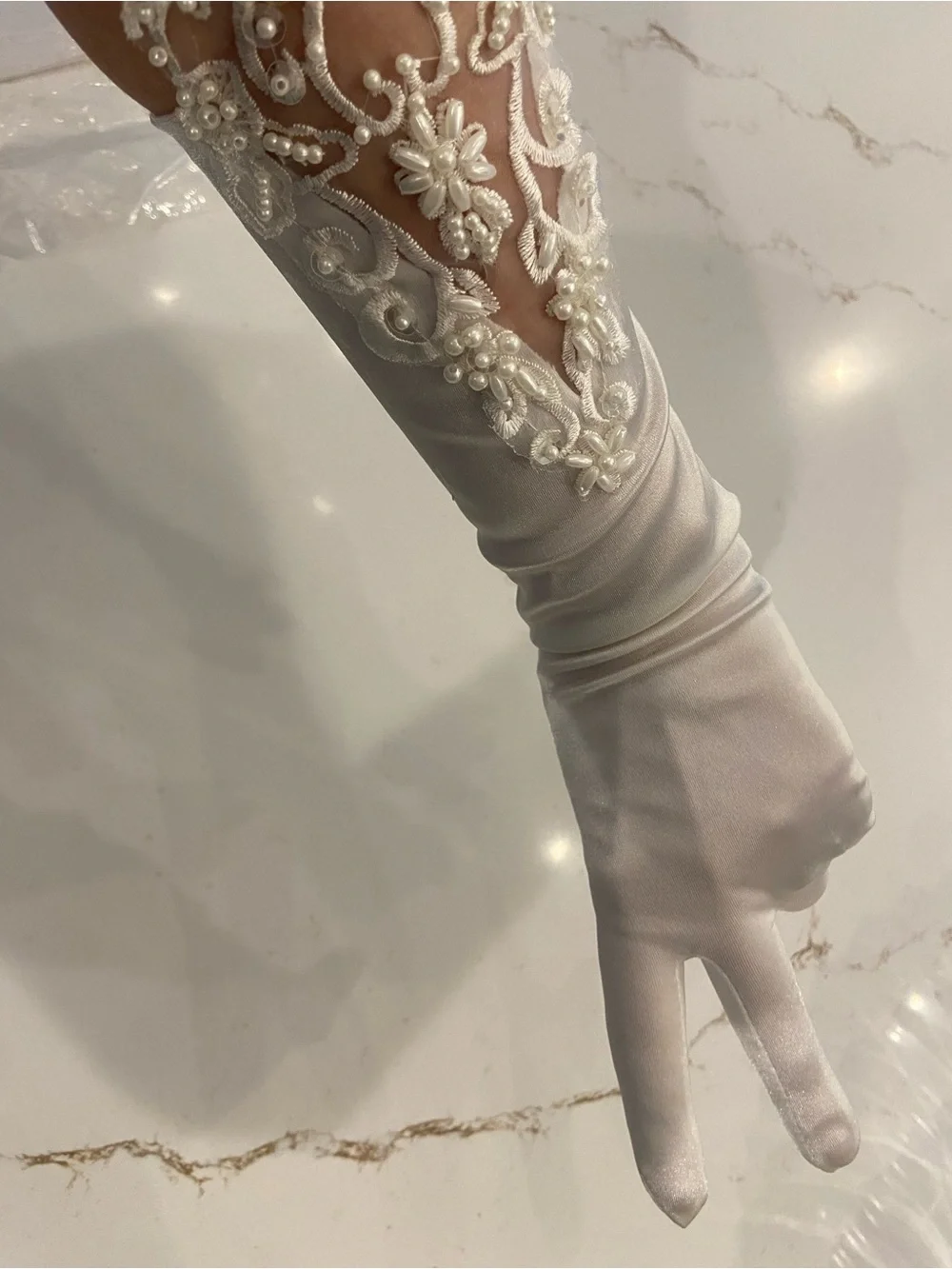 Vintage Bridal Gloves White Satin Elbow Length Stretch w/ Lace Detail NEW
